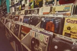 Rows of vinyl records in a record shop