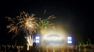 Fireworks above the stage at Let's Rock Liverpool