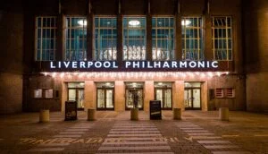Liverpool Philharmonic Hall entrance at night