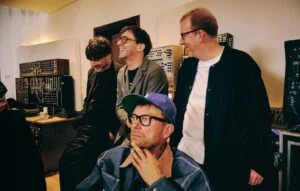 blur, four band members, in a recording studio