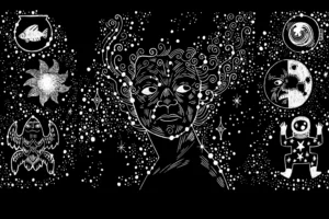Line illustration of a face among stars, fish and planets on black
