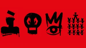 Black graffiti-style icons on red: a crowned figure, a skull, an eye and a crowd