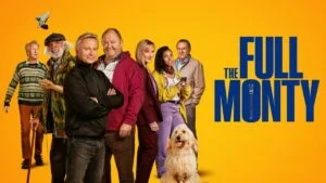 Poster for The Full Monty sequel with the cast and a dog