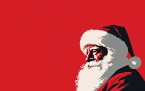 Illustrated poster of Santa Claus in profile on a red background