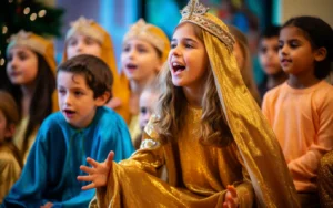 Children in costume performing a school nativity play