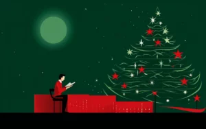 Illustration of a man reading by a Christmas tree under a green moon
