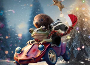 Illustration of a toad, mole and badger driving a red car in a festive scene