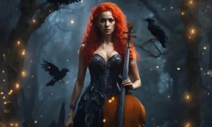 Fantasy illustration of a red-haired cellist in a dark forest with ravens