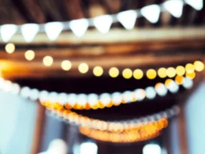 Strings of festoon lights, out of focus