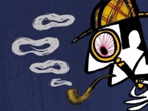 Illustration of a detective in a deerstalker with a magnifying glass and pipe