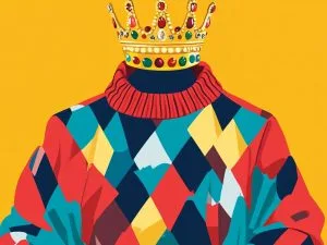 Illustration of a jewelled crown above a colourful diamond-patterned jumper
