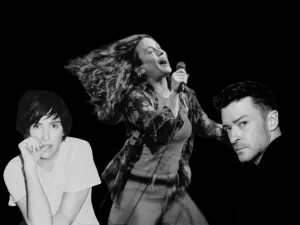 Black-and-white montage of headliners Sharleen Spiteri, Alanis Morissette and Justin Timberlake