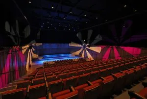The Tung Auditorium's empty seating and stage, photo by Gareth Jones