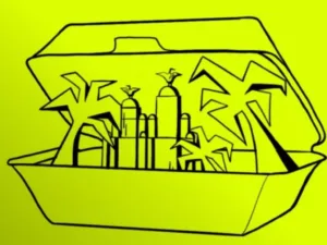 Line drawing of a takeaway box filled with palm trees and buildings, on yellow