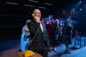 Peter Mullan as Bill Shankly on the phone in Red or Dead at the Royal Court