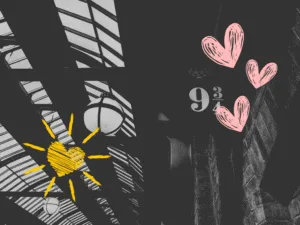 Platform 9¾ sign with doodled hearts and a sun