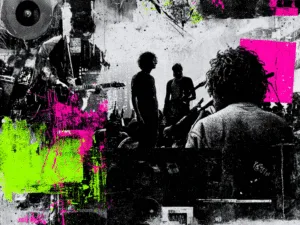 Grunge collage of a band performing, with neon paint splashes