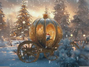 A golden pumpkin carriage in a snowy forest