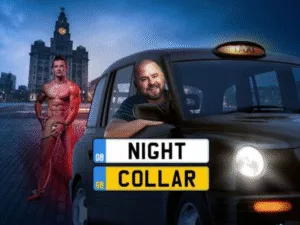 Poster for Night Collar: a cabbie in a black cab by the Liver Building