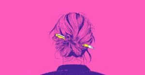 Illustration of a woman's hair pinned up with a pencil, on pink