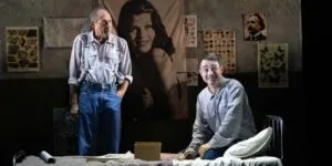Two actors in prison clothes in a cell in The Shawshank Redemption on stage
